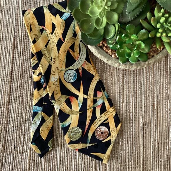 Vintage 1991 Nicole Miller 100% Silk Coin Theme Mens Graphic Tie - Picture 1 of 4